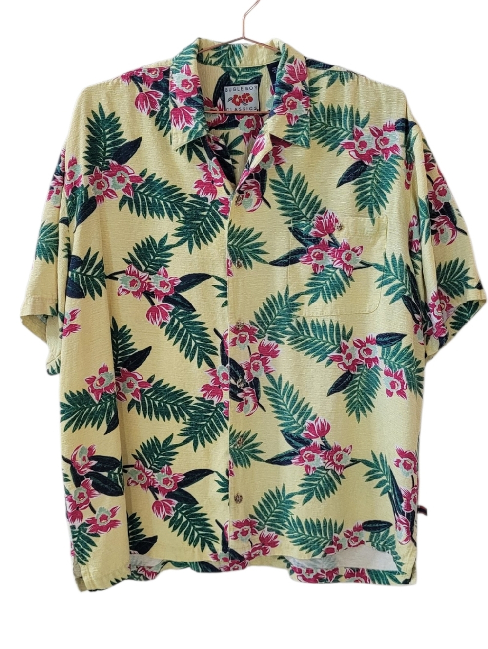 BUGLE BOY Classics Yellow Floral Short Sleeve Button Up Hawaiian Shirt Size XL